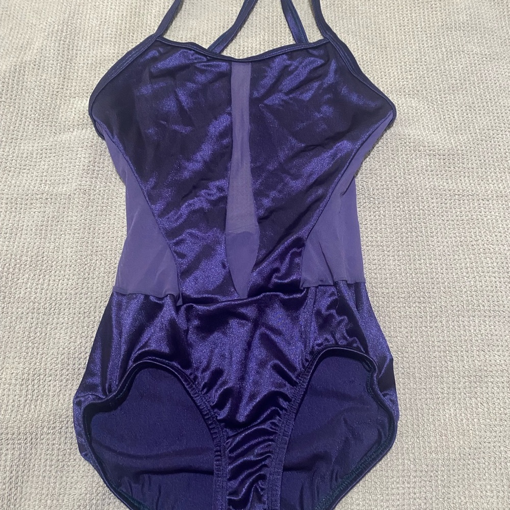 Double Platinum Purple satin cross back dance leotard with side/ back mesh. AXS